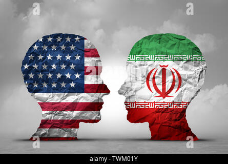 Iran USA die Spannungen im Nahen Osten zusammentreffen als die USA oder Vereinigten Staaten am Persischen Golf Konzept als amerikanische und Iranische Sicherheitsproblem. Stockfoto