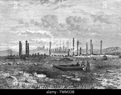 Blick aus dem 19. Jahrhundert von Persepolis die zeremoniellen Hauptstadt des achämenidischen Reiches (Ca. 550 - 330 v. Chr.), liegt 60 km nordöstlich der Stadt Shiraz in der Provinz Fars, Iran. Nach eindringenden Achämenidischen Persien in 330 v. Chr. Alexander der Große geschickt die treibende Kraft seiner Armee nach Persepolis und die Stadt geplündert. Es ist nicht klar, ob das Feuer zerstört Persepolis war ein Unfall oder ein bewusster Akt der Rache für die Verbrennung der Akropolis von Athen während des zweiten Persischen Invasion Griechenlands. So, die Zerstörung von Persepolis könnte sowohl ein Unfall sein, und ein Fall, der Rache. Stockfoto