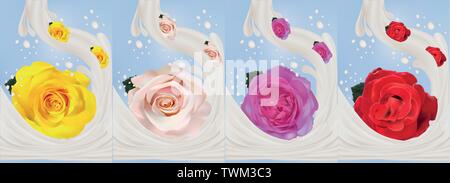 3d realistische Rose mit Milch spritzt. Wunderschöne Rosen Gelb, Rot, Rosa und Beige. Vector Illustration. Milch bespritzt und Rosen. Stock Vektor