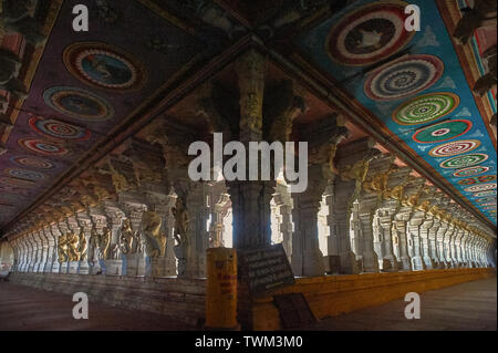 23 Aug 2009 bunt Säulen und die Decke gemalt, Ramanathaswami Tempel, Rameswaram, Pamban Insel, Tamil Nadu, Indien Stockfoto
