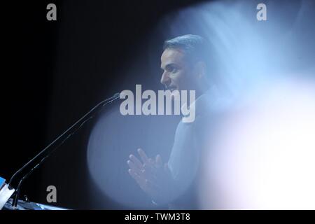 Athen, Griechenland. Juni, 2019 21. Griechische Opposition Partei Neue Demokratie Führer Kyriakos Mitsotakis spricht während der Präsentation seiner Plattform. Griechenland ist auf dem richtigen Weg für eine allgemeine Wahl Juli 7, drei Monate vor dem Zeitplan. (Bild: © aristidis VafeiadakisZUMA Draht) Stockfoto