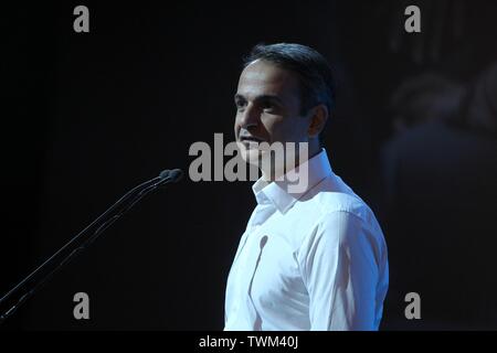 Athen, Griechenland. Juni, 2019 21. Griechische Opposition Partei Neue Demokratie Führer Kyriakos Mitsotakis spricht während der Präsentation seiner Plattform. Griechenland ist auf dem richtigen Weg für eine allgemeine Wahl Juli 7, drei Monate vor dem Zeitplan. (Bild: © aristidis VafeiadakisZUMA Draht) Stockfoto