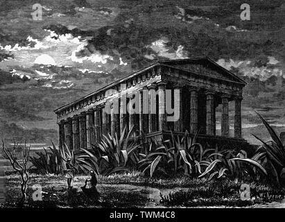 Der Tempel des Hephaistos ist eine dorische Peripteral-tempel, und befindet sich an der nordwestlichen Seite der Agora von Athen, auf der Oberseite des Agoraios Kolonos Hill. Ursprünglich gewidmet, Hephaistos und Athene als Förderer der Künste und Handwerk ist der am besten erhaltenen antiken griechischen Tempel der Welt und etwas älter als der Parthenon (d. h. c. 450 - 440 v. Chr.). Der Tempel wurde als Theseum seit dem Mittelalter bekannt, anscheinend, weil einige seiner Skulpturen repräsentieren die Heldentaten der Held Theseus. Stockfoto