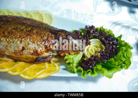 Gebratener Fisch im Ofen. Geschnürt. l Glauben, Grüns, spanag, Basilikum Stockfoto