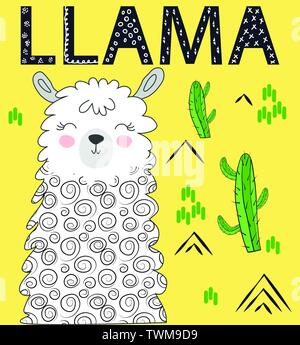 Schriftzug Lama. Kuehlung lustig doodle Alpaka oder Peru symbol Lama mit Kakteen. Stock Vektor