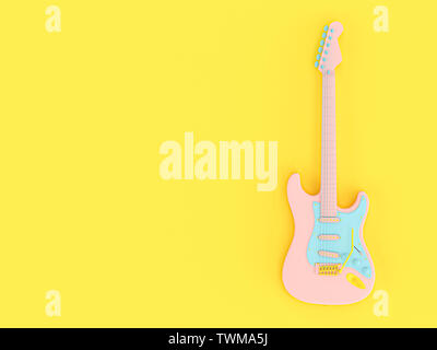 E-Gitarre in festen Farben Pink, Blau und Gelb auf einem gelben Hintergrund. 3D-Render im Stil flach. Stockfoto