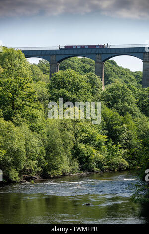 Schmale Boot auf dem pontcysyllte Aquädukt, das den Llangollen-Kanal über den Fluss Dee trägt im Nordosten von Wales in Großbritannien Stockfoto