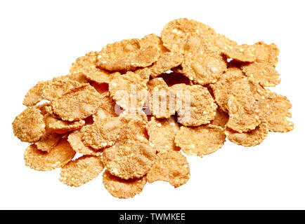 Cornflakes trockenen Frühstück. Gelbe flocken Bündel auf weißem Hintergrund. Corn flakes Draufsicht auf weißem Hintergrund. Stockfoto