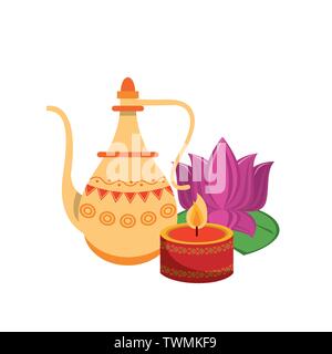 Indischer Lotus Blumen und dekorative Porzellan Gläser mit Blättern Stock Vektor