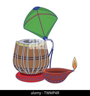 Indische tabla Trommel mit Kite und Öl Kerze blaue Linien Stock Vektor