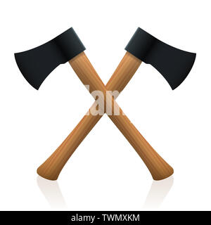 Gekreuzten Achsen. Symbolisch für Holzfäller, Feuerwehrmann oder Schlachten des Mittelalters. Realistische 3D-Darstellung auf weißem Hintergrund. Stockfoto