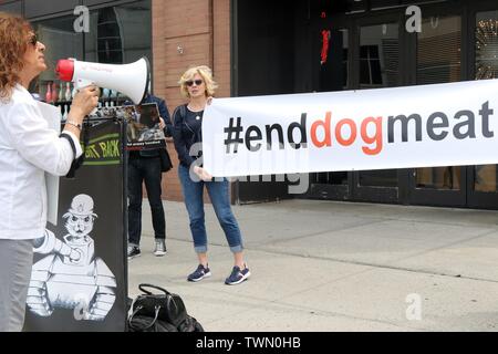 New York, NY, USA. 21 st. Juni, 2019. Tierschützer mit AnimlasBattalion.org bestreikten die Chinesische Botschaft auf der New Yorker West Side am 21. Juni 2019, über die Tötung und der Verzehr von Hundefleisch in China bei der jährlichen Yulin Hund Fleisch Festival. Diese 'Festival', wo rund 10.000 Hunde geschlachtet werden und diente als Mahlzeiten. Nach Demonstranten, viele der Tiere getötet werden gestohlene Haustiere von denen einige noch gesehen haben ihre Halsbänder tragen. © 2019 G. Ronald Lopez/Alamy leben Nachrichten Stockfoto