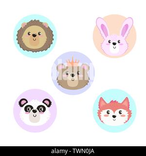 Satz von cute Wild animal Köpfe über weißen Hintergrund Vector Illustration Stock Vektor