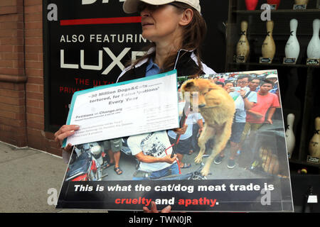 New York, NY, USA. 21 st. Juni, 2019. Tierschützer mit AnimlasBattalion.org bestreikten die Chinesische Botschaft auf der New Yorker West Side am 21. Juni 2019, über die Tötung und der Verzehr von Hundefleisch in China bei der jährlichen Yulin Hund Fleisch Festival. Diese 'Festival', wo rund 10.000 Hunde geschlachtet werden und diente als Mahlzeiten. Nach Demonstranten, viele der Tiere getötet werden gestohlene Haustiere von denen einige noch gesehen haben ihre Halsbänder tragen. © 2019 G. Ronald Lopez/Alamy leben Nachrichten Stockfoto