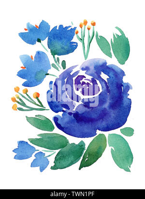 Handzeichnung boho Aquarell blumen Abbildung mit blauen Blumen, Zweige, Blätter. Stockfoto