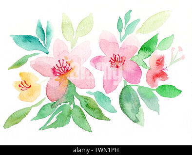 Handzeichnung boho Aquarell blumen Abbildung mit rosa Blumen, Zweige, Blätter. Stockfoto