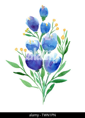 Handzeichnung boho Aquarell blumen Abbildung mit blauen Blumen, Zweige, Blätter. Stockfoto