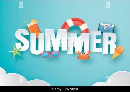 Hallo Sommer mit Dekoration origami auf blauen Himmel Hintergrund. Papier Kunst und Handwerk Stil. Vector Illustration des Lebens Ring, Eis, Kamera, watermelo Stock Vektor