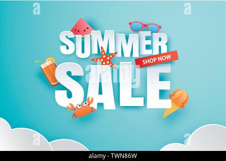 Summer Sale Mit Dekoration origami auf blauen Himmel Hintergrund. Papier Kunst und Handwerk Stil. Vector Illustration von Eis, Wassermelone, Sonnenbrillen. Stock Vektor