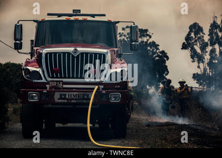 Feuerwehrmänner von Marine Corps Air Station Miramar und örtlichen Feuerwehren arbeiteten zusammen, um eine Reihe von kontrollierten Brände auf Osten Miramar, Calif., 20. Juni durchzuführen. Die kontrollierte Brände wurden durchgeführt, um die Wahrscheinlichkeit des wilden Brände auf der MCAS Miramar sowie realen Welt Schulungen für lokale Feuerwehrmänner zu mildern. (U.S. Marine Corps Foto von Sgt. Jake McClung) Stockfoto