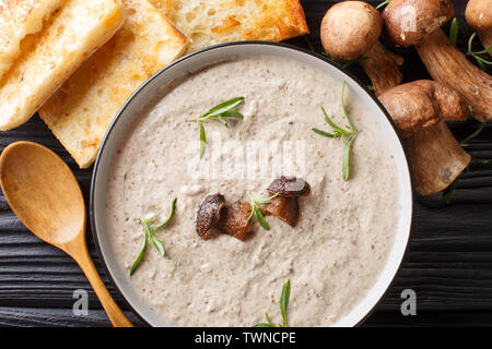 Duftende Suppe mit frischen Steinpilzen und Thymian close-up in einer Schüssel mit Toast auf den Tisch serviert. Horizontal oben Ansicht von oben Stockfoto