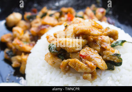 Stir-Fried Huhn und Heiliges Basilikum auf Reis oder Thai Essen Rezept rechten Frame. Stir-Fried Huhn und Heiliges Basilikum mit weißer Reis auf schwarzem Teller Stockfoto