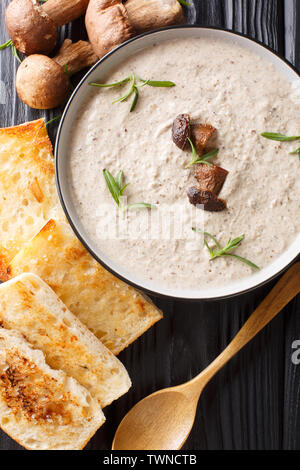 Duftende Suppe mit frischen Steinpilzen und Thymian close-up in einer Schüssel mit Toast auf den Tisch serviert. Vertikal oben Ansicht von oben Stockfoto