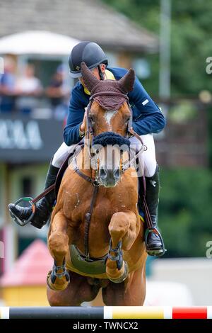 Hickstead, West Sussex, UK. 22. Juni, 2019. Sieger. Shane Breen reiten Golden Hawk. IRL. Die bunn Freizeitaktivitäten Derby Versuch. Die Al Shira'aa Hickstead Derby treffen. Hickstead. West Sussex. Vereinigtes Königreich. GBR. 21.06.2019. Credit: Sport in Bildern/Alamy leben Nachrichten Stockfoto