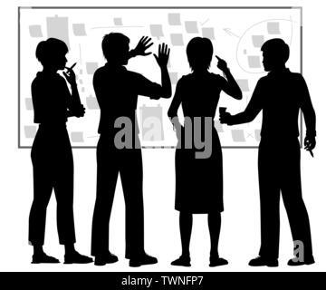 Editable vector Silhouette von vier Personen mit einem Board für die Planung mit Zahlen als separate Objekte Stock Vektor