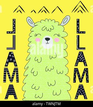 Schriftzug Lama. Kuehlung lustig doodle Alpaka oder Peru symbol Lama mit Kakteen. Stock Vektor