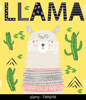 Schriftzug Lama. Kuehlung lustig doodle Alpaka oder Peru symbol Lama mit Kakteen. Stock Vektor
