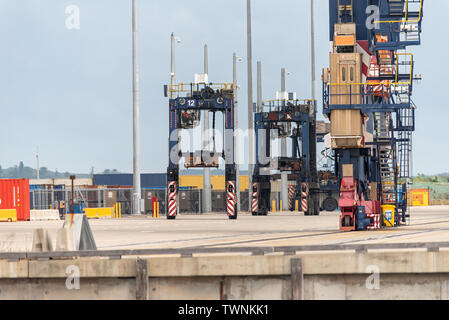 Straddle Carrier Futter bis Container in Port Botany Stockfoto