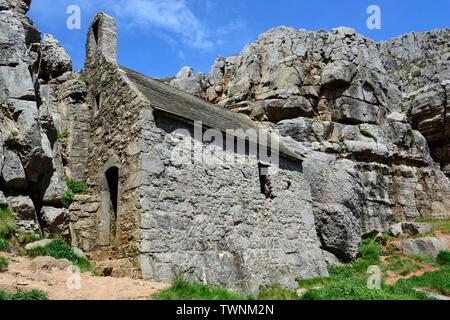 St. Govans Kapelle und Einsiedler Zelle in den Kalksteinfelsen Bosherston Pembrokeshire Coast National Park Wales Cymru Großbritannien gebaut Stockfoto