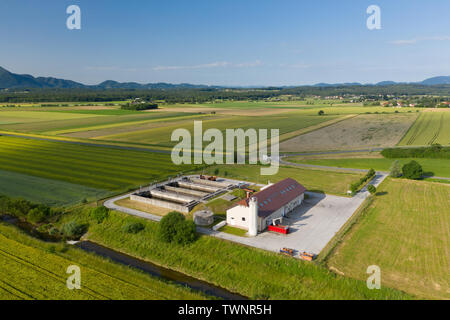 Luftaufnahme von kleinen Kläranlagen mit Abwasser Behälter und Filter, Felder mit Nutzpflanzen in der Umgebung der Anlage, Slovenska Bistrica, Slowenien Stockfoto