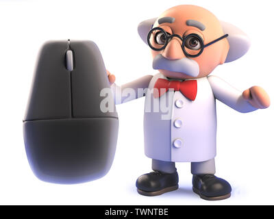 Bild in 3D von einem Cartoon verrückte Wissenschaftler Professor Charakter, die eine Computermaus gerendert Stockfoto