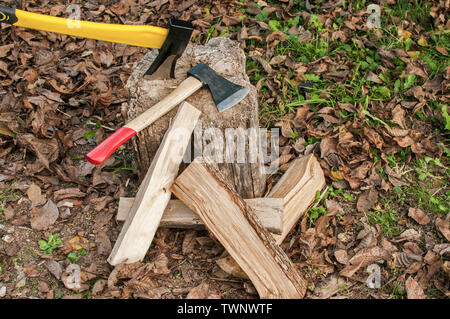 Zwei Achsen mit Stahlklingen in alter Baumstumpf im Herbst Laub Hintergrund klemmt Stockfoto