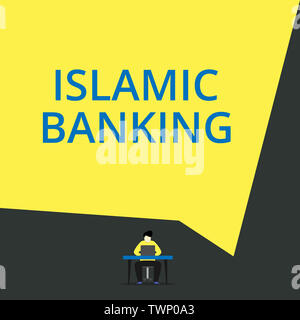 Handschrift text Islamic Banking. Konzeptionelle foto Banking System, das auf den Grundsätzen des islamischen Rechts Ansicht junger Mann Stuhl Schreibtisch arbeiten basierend Ope Stockfoto