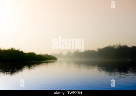 Am frühen Morgen yamuna Ghat mit goldenen Sonne, Nebel und blaues Wasser mit Vögel sitzen, und ein Boot aus in der Ferne. Dieses beliebte touristische Ort Ich Stockfoto