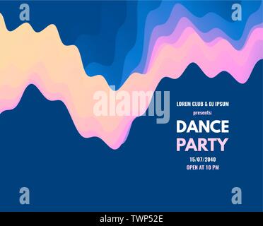 Dance Party Einladung mit Datum und Uhrzeit details. Musik Event Flyer oder Banner. 3D-wellig Hintergrund mit dynamischen Wirkung. Vector Illustration. Stock Vektor