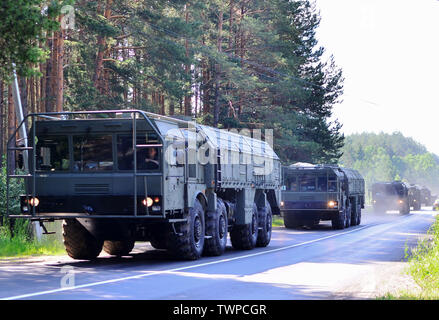 MINSK, Weißrussland - May 21, 2019: Russische "iskander-M"-Raketen in Minsk angekommen an der Parade teilnehmen am 3. Juli zu Ehren der 75th Anniv Stockfoto