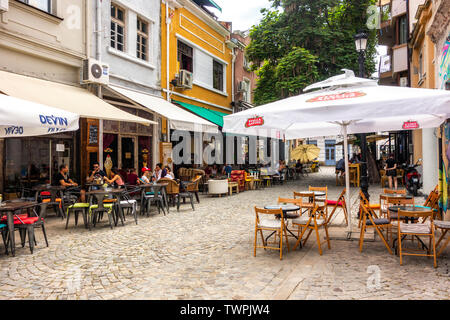 Stadt Plovdiv, Bulgarien - 22. Juni 2019: Gebäude in Kapana Bezirk, Plovdiv, Stadt, der europäischen Kulturhauptstadt 2019 Stockfoto