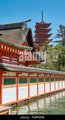 Rückseite der Itsukushima-schrein und Toyokuni schrein Pagode im Hintergrund. Stockfoto