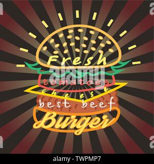 Vektor helle geschmackvolle Grafik Strichzeichnung eines großen Burger mit Inschriften auf einem dunklen Hintergrund. Stock Vektor