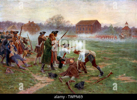 "Der erste Kampf für die Unabhängigkeit, Lexington Common, 19.. April 1775" (1910). Von William Barnes Wollen (1857-1936). Die Schlachten von Lexington und Concord waren die ersten militärischen Einsätze im Amerikanischen Unabhängigkeitskrieg. Stockfoto