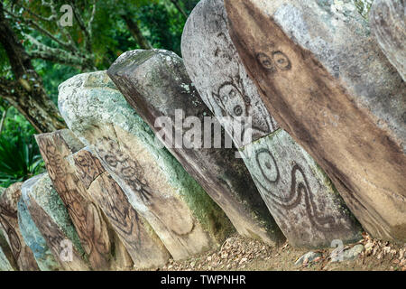 Steinen geschnitzt mit Petroglyphen (ca. 1270s), Caguana Indian Zeremoniell Park, Utuado, Puerto Rico Stockfoto