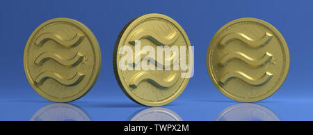 Libra gold coin Logo, digitale cryptocurrency, gegen blaue Farbe Hintergrund, Banner. 3D-Darstellung Stockfoto