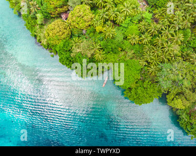 Luftbild von Oben nach Unten anzeigen tropisches Paradies unberührte Strand Regenwald blaue Lagune bei Banda Insel Pulau Ay. Indonesien Molukken Archipel, Travel des Stockfoto