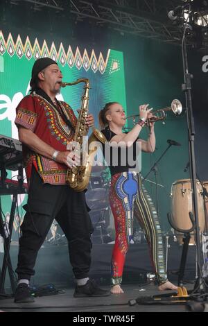 Sefton Park, Liverpool, Großbritannien. Am 22. Juni 2019. Wesli auf der Bühne am 2019 Afrika Oye Music Festival in Liverpools Sefton Park. Das kostenlose Festival ist das größte Feier der afrikanische und karibische Musik und Kultur und zieht Tausende von Menschen über das Wochenende. Credit: Ken Biggs/Alamy Leben Nachrichten. Stockfoto