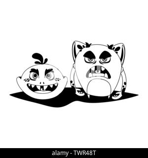 Lustige Monster paar komische Zeichen monochromen Vector Illustration Design Stock Vektor