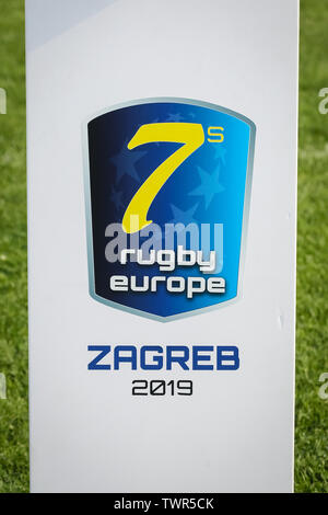 Zagreb, Kroatien - 16. Juni, 2019: Stjepan Spajic Stadion - Europameisterschaft in Rugby7, Logo von 7 rugby Europa Zagreb 2019. Stockfoto